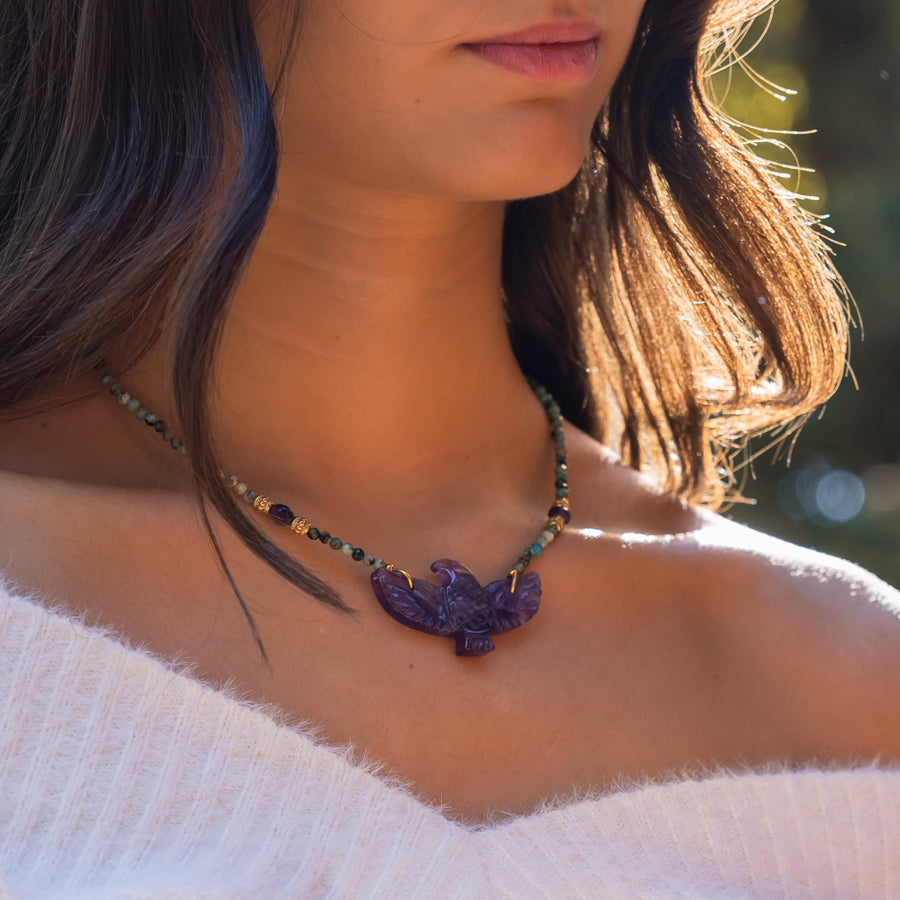 Collier aigle améthyste et turquoise