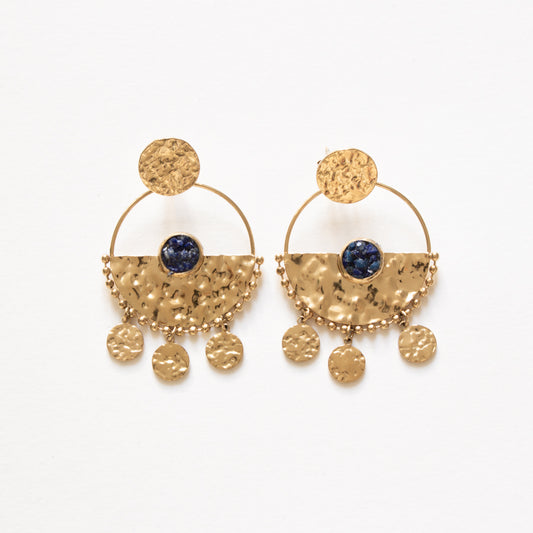 Boucles d’oreilles demi lune, pampilles et lapis