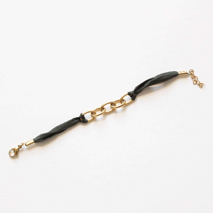 Bracelet soie japonaise noir et chaîne