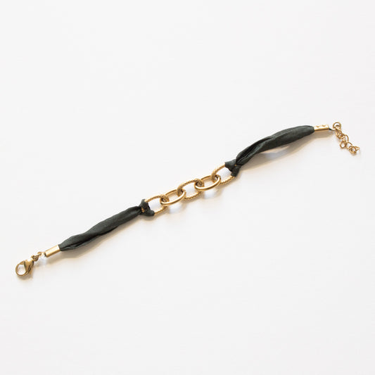 Bracelet soie japonaise noir et chaîne