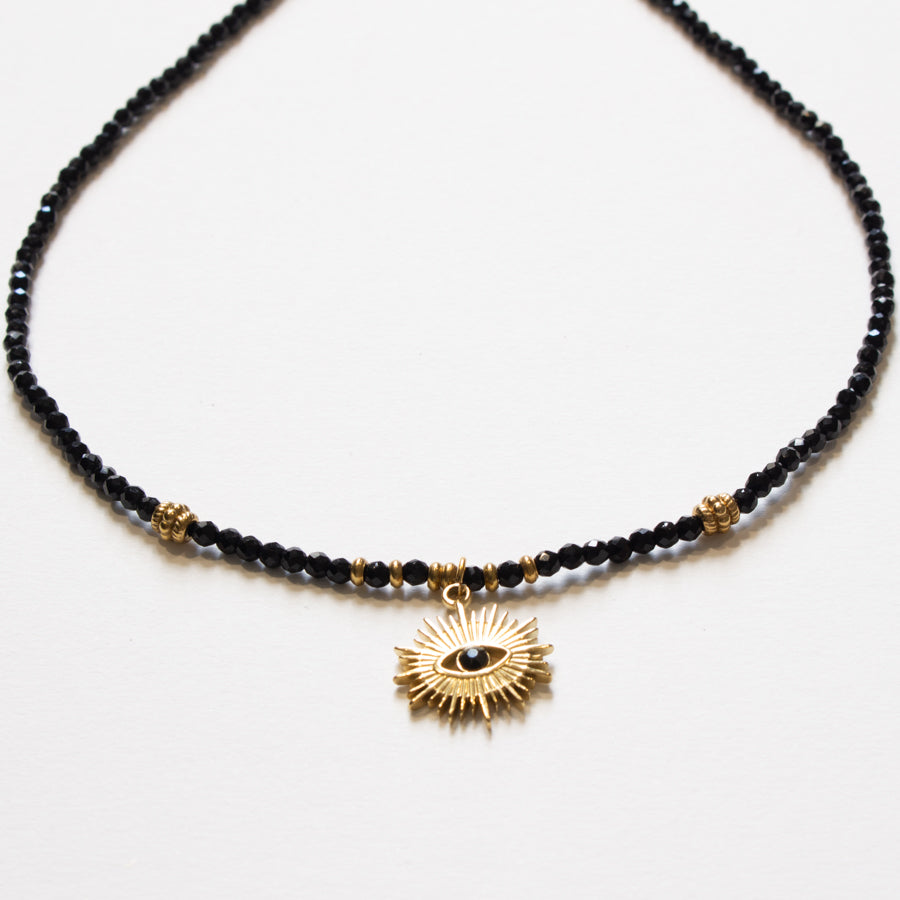 Collier perles onyx et pendentif oeil