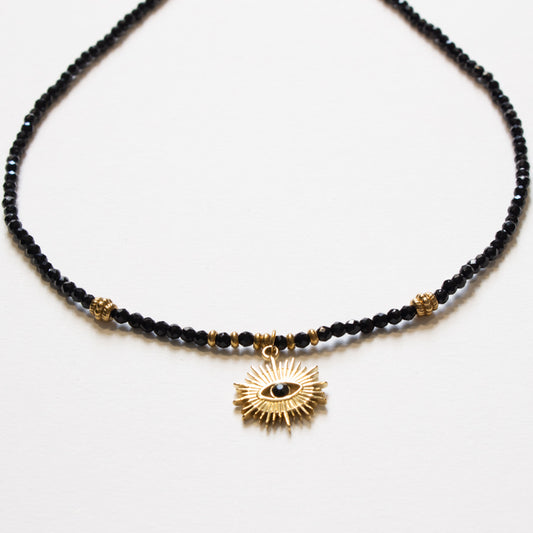 Collier perles onyx et pendentif oeil