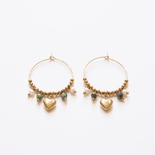 Créoles perles dorées, coeur et turquoise