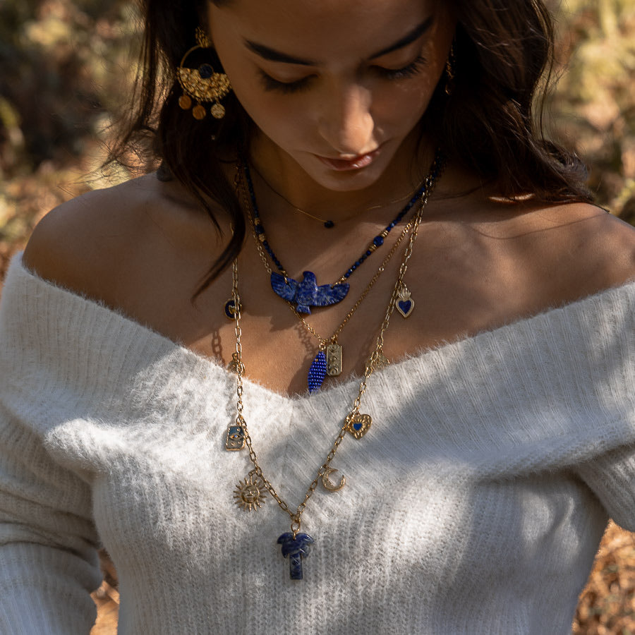Sautoir Charm's palmier lapis-lazuli et pendentifs bleus