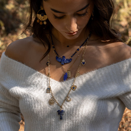 Sautoir Charm's palmier lapis-lazuli et pendentifs bleus