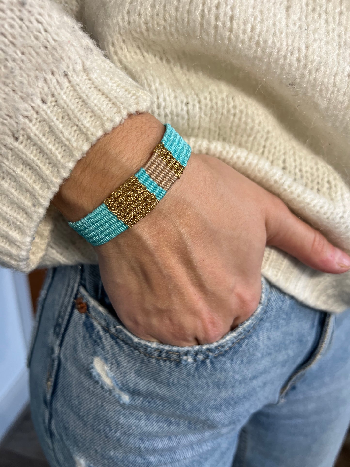 Bracelet tissé turquoise & chaîne en acier inoxydable