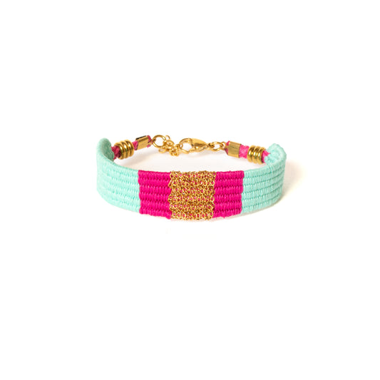 Bracelet tissé turquoise & fuchsia – Chaîne acier inoxydable