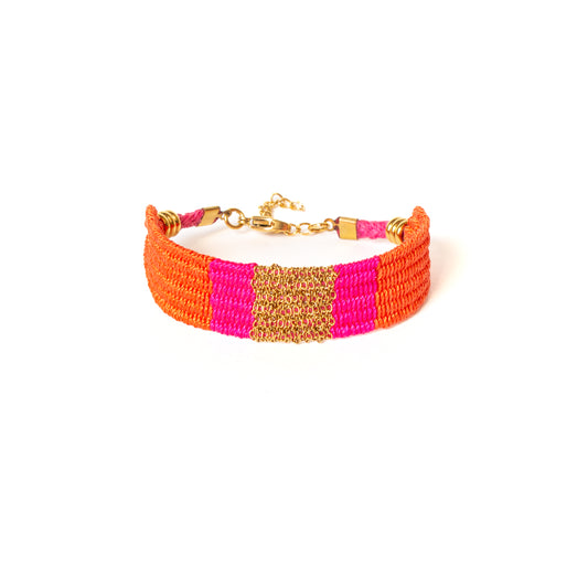 Bracelet tissé orange & fuchsia – Chaîne acier inoxydable dorée