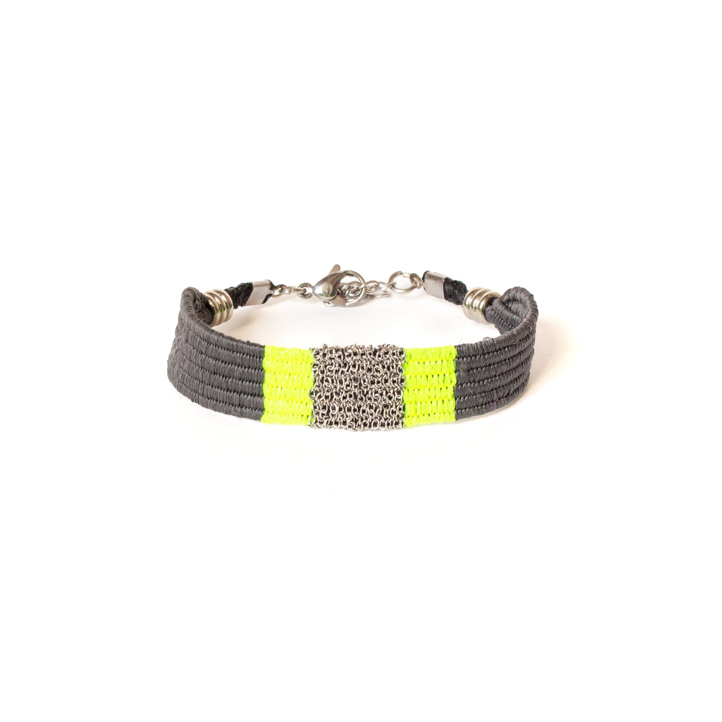 Bracelet tissé gris anthracite & jaune fluo – Chaîne acier inoxydable argentée