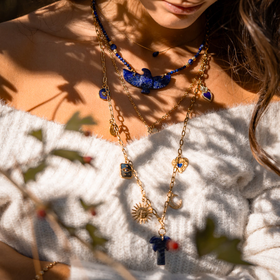 Sautoir Charm's palmier lapis-lazuli et pendentifs bleus
