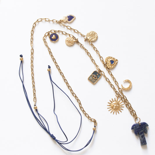 Sautoir Charm's palmier lapis-lazuli et pendentifs bleus