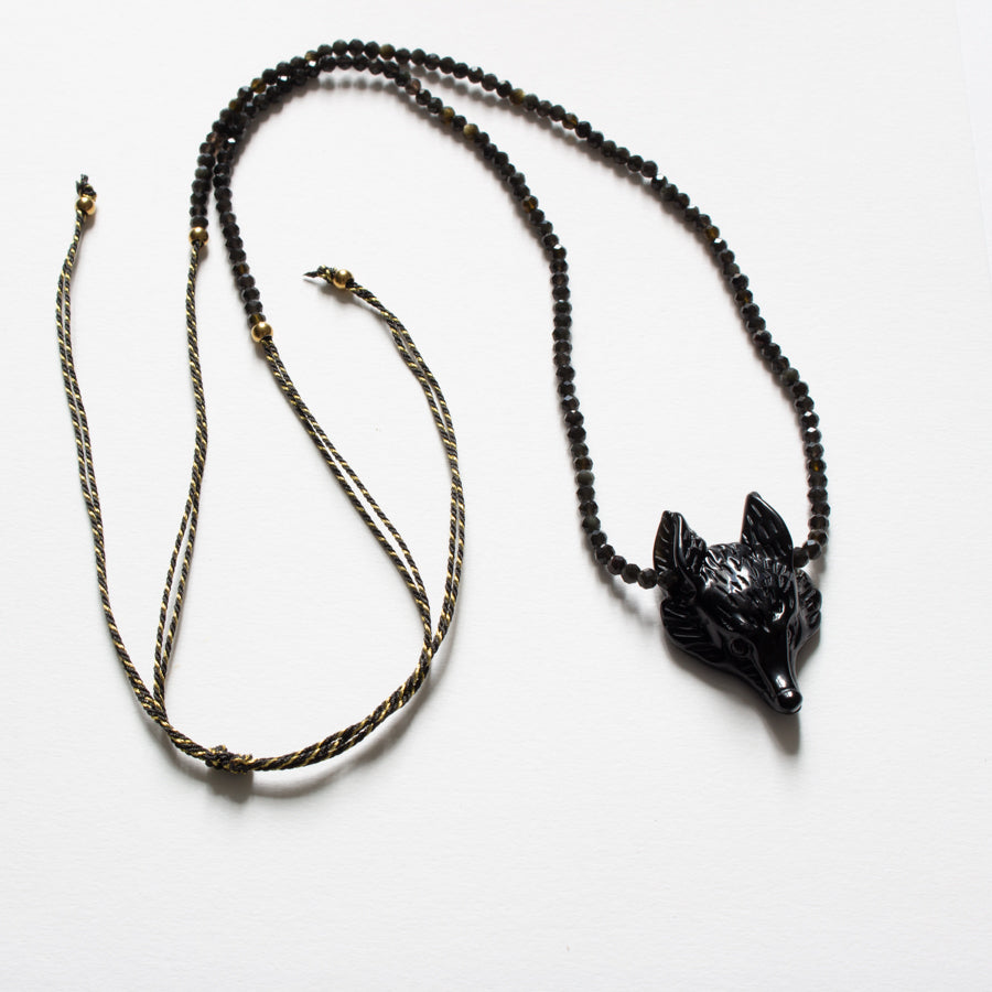 Sautoir réglable obsidienne et loup