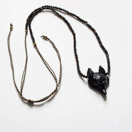 Sautoir réglable obsidienne et loup