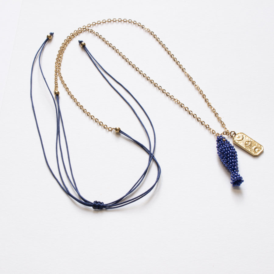 Sautoir réglable et pendentif poisson bleu