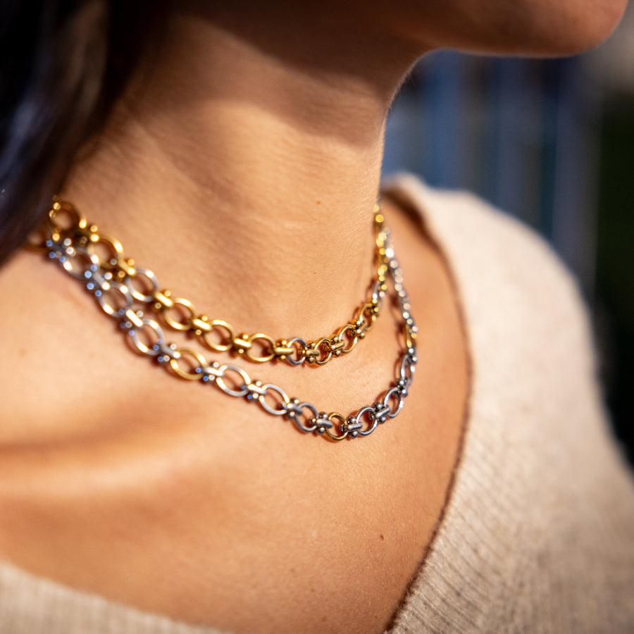 Collier mailles rondes argentées et dorées