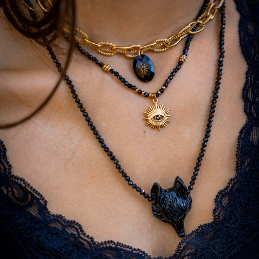 Sautoir réglable obsidienne et loup