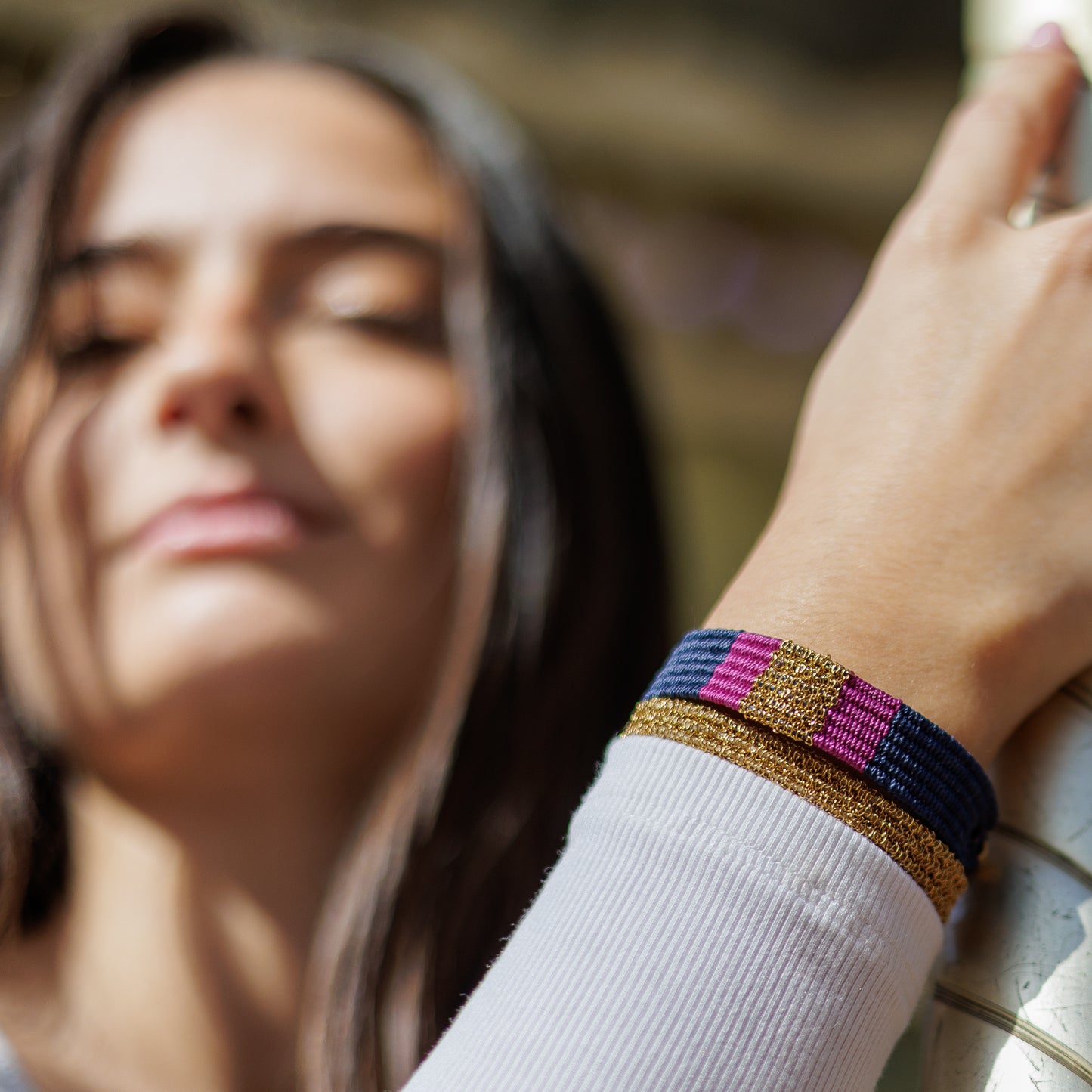 Bracelet tissé bleu marine & violine – Chaîne acier inoxydable