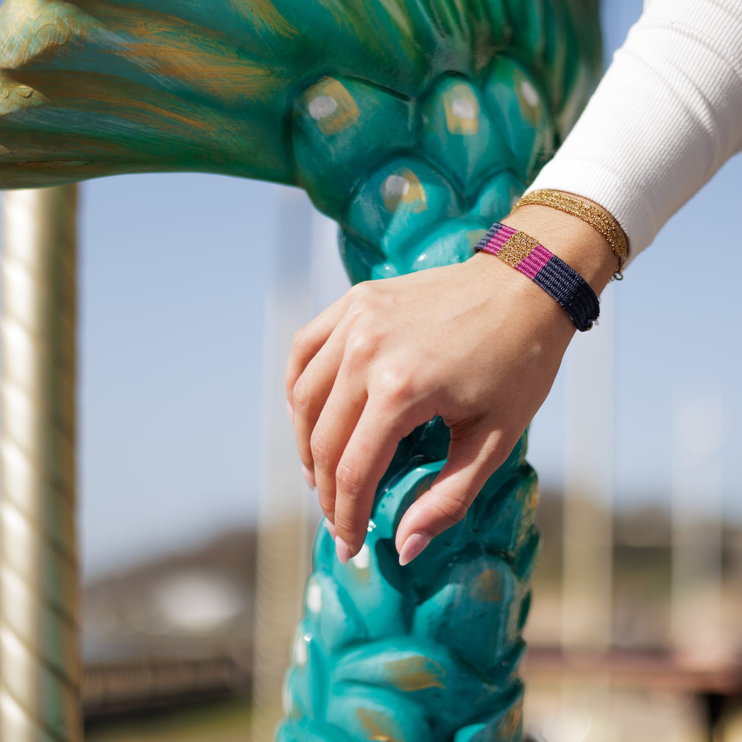 Bracelet tissé bleu marine & violine – Chaîne acier inoxydable