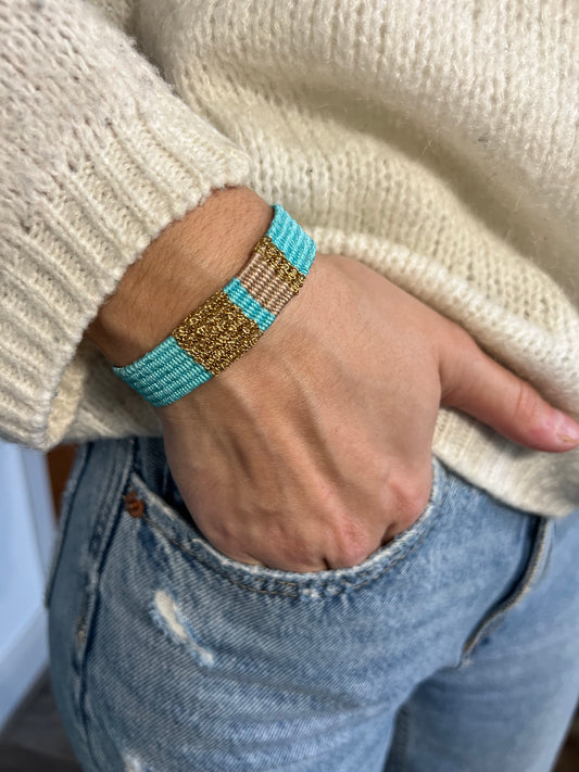 Bracelet tissé turquoise & chaîne en acier inoxydable