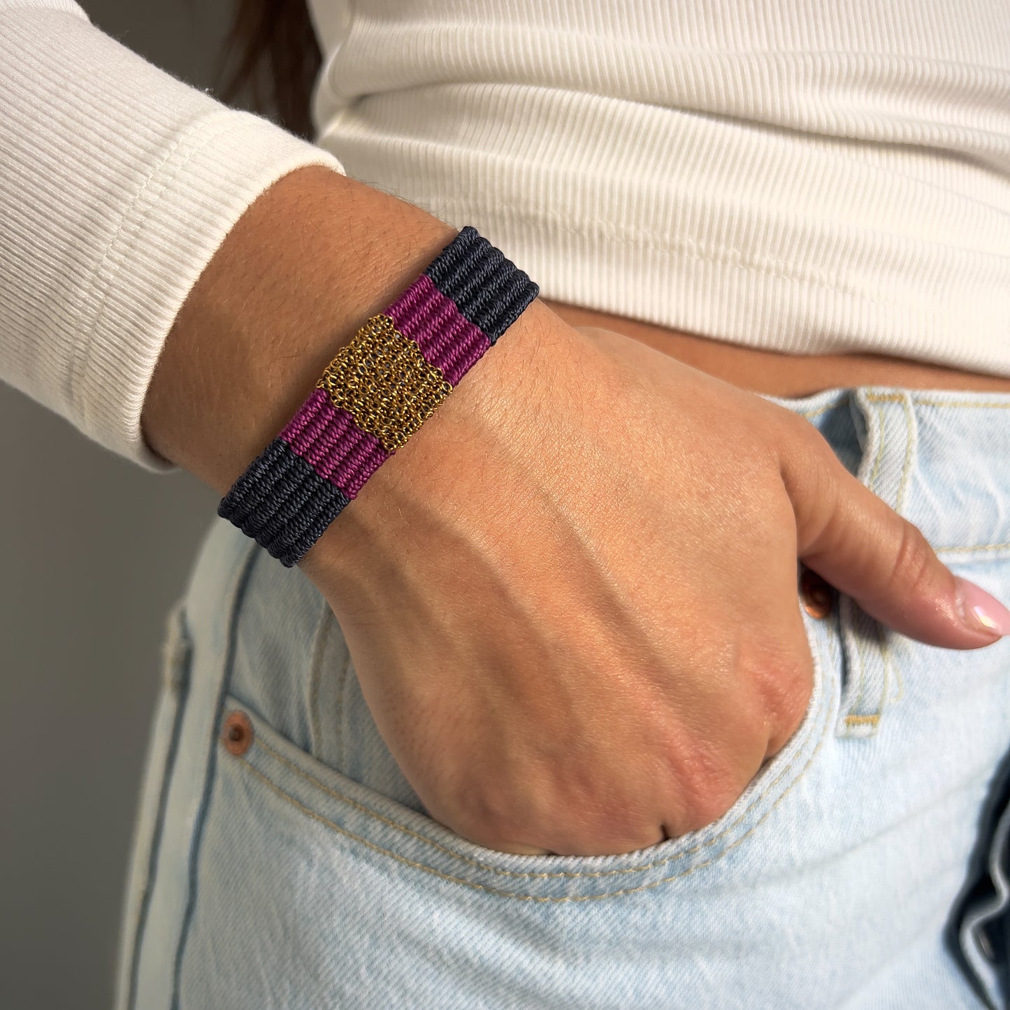 Bracelet tissé bleu marine & violine – Chaîne acier inoxydable