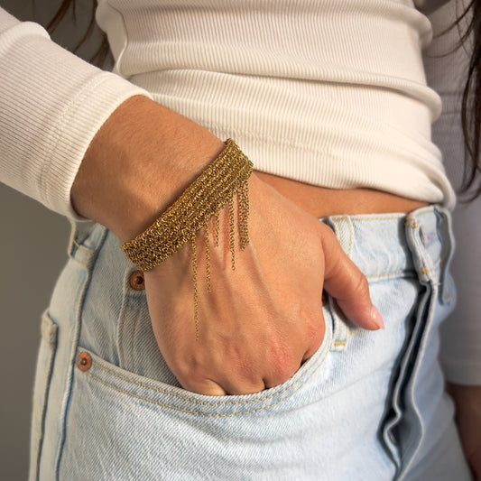 Bracelet large tissé chaîne acier inoxydable doré – Réglable