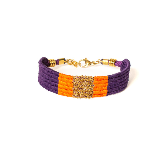 Bracelet tissé prune & orange – Chaîne acier inoxydable dorée