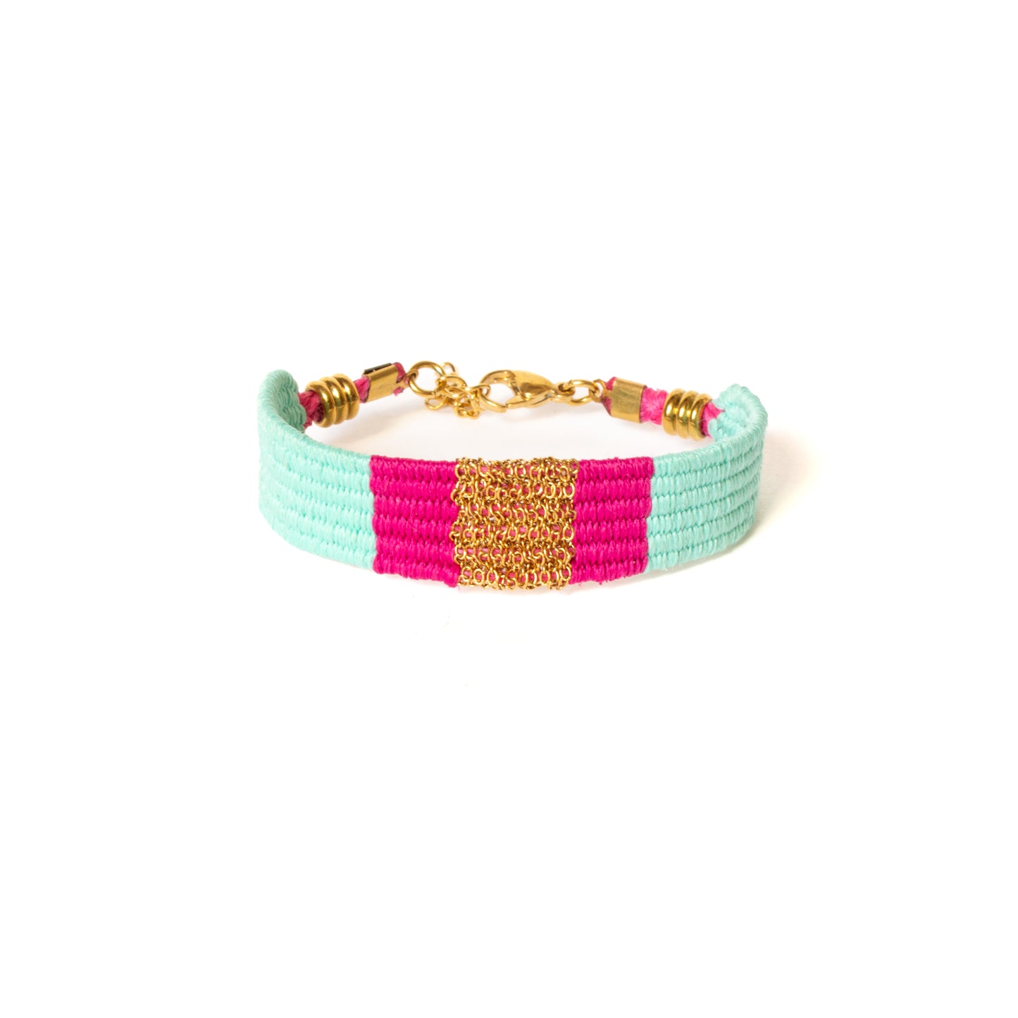 Bracelet tissé turquoise & fuchsia – Chaîne acier inoxydable