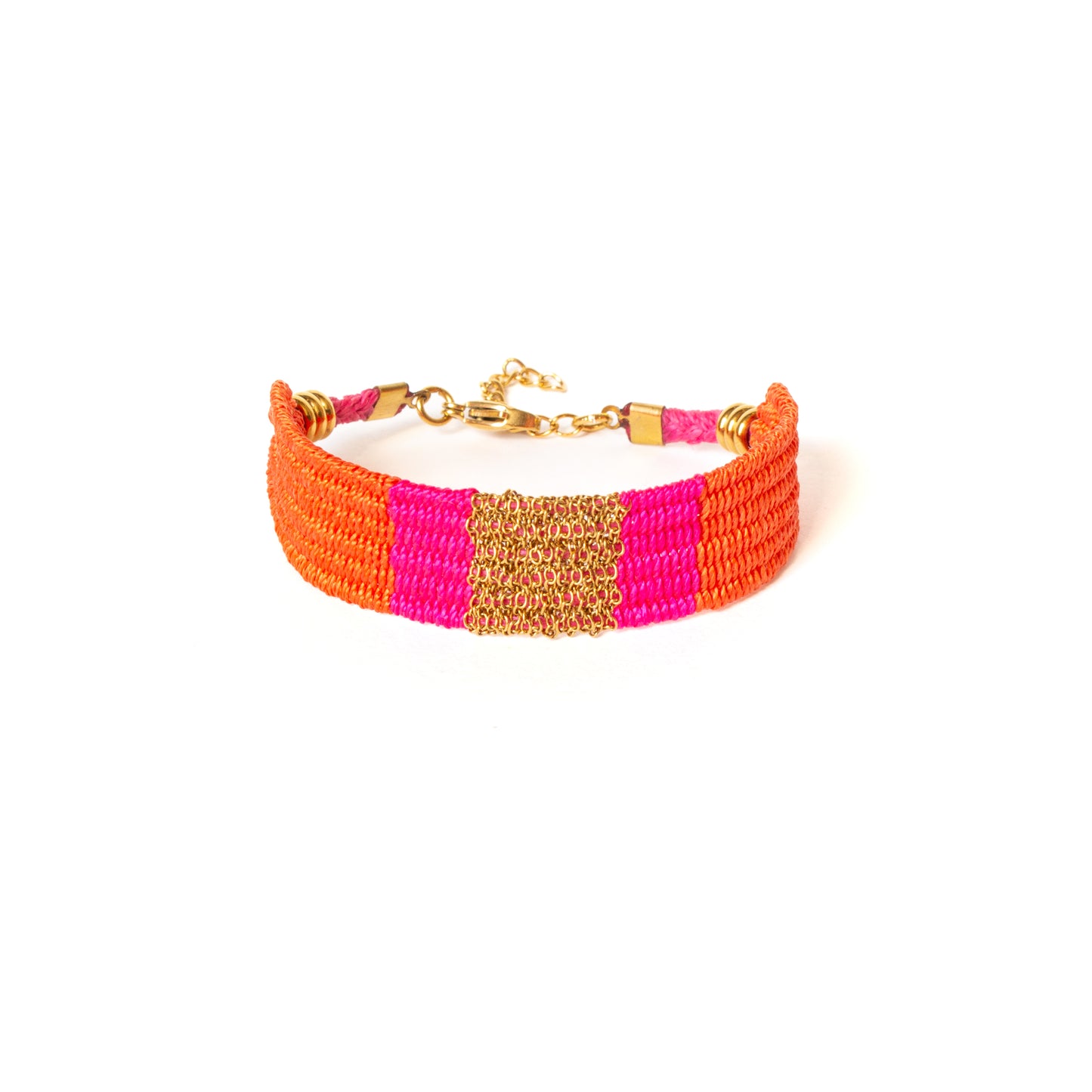 Bracelet tissé orange & fuchsia – Chaîne acier inoxydable dorée
