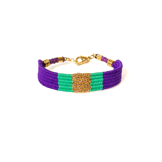 Bracelet tissé violet & vert – Chaîne acier inoxydable dorée