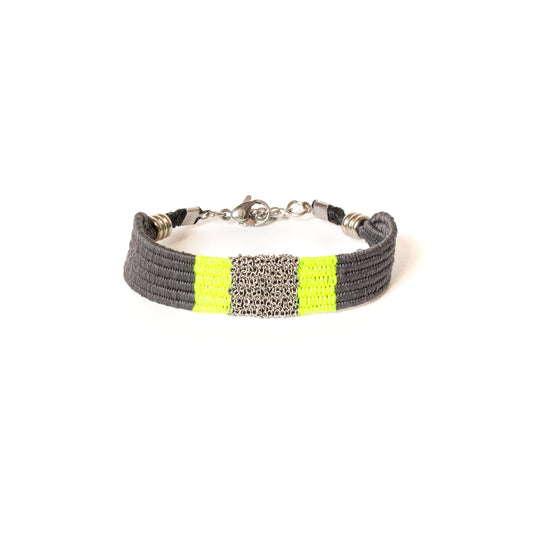Bracelet tissé gris anthracite & jaune fluo – Chaîne acier inoxydable argentée