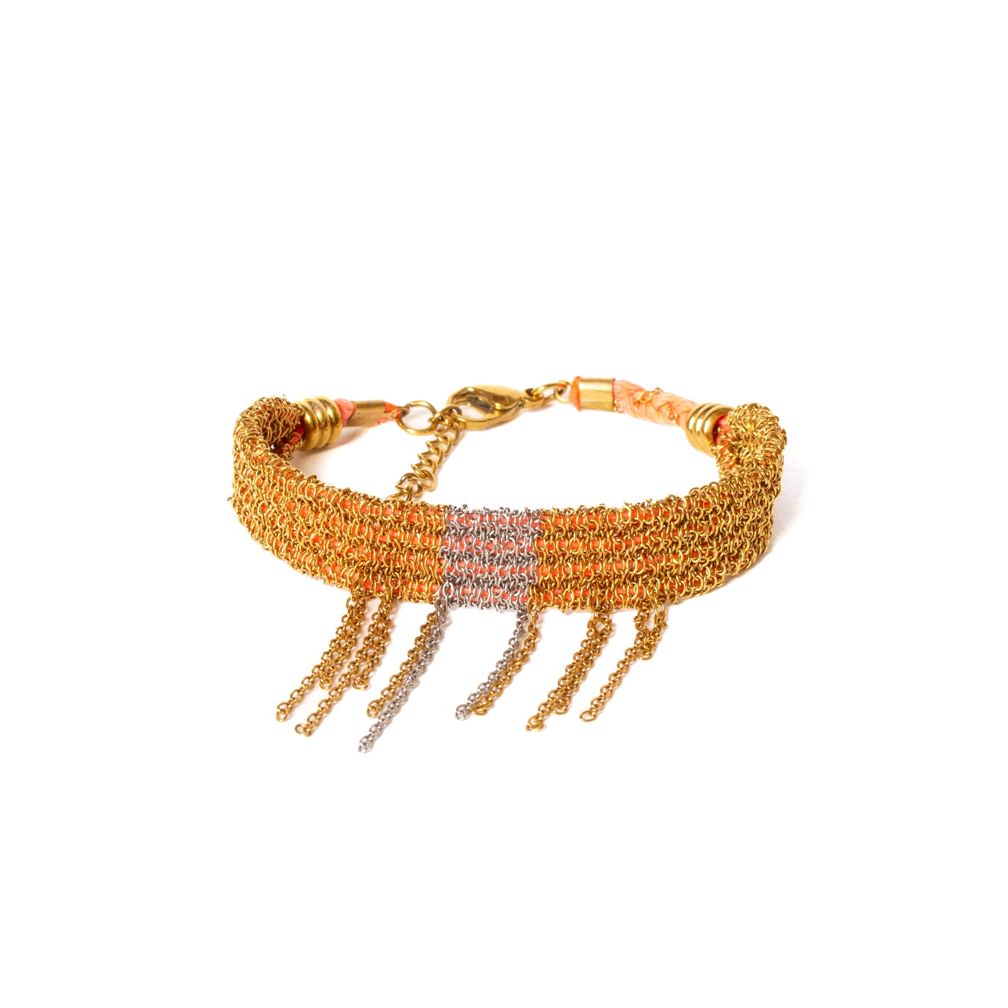 Bracelet tissé corail et chaine or et agent